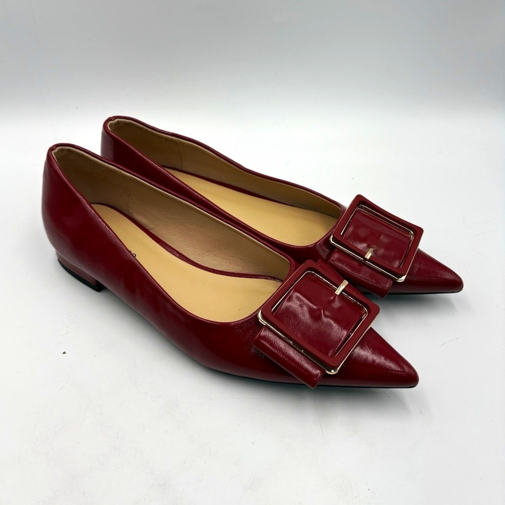 C.Paravano Red Leather Slip-On Flats Pointed Toe Buckle Solid Women's US 6.5